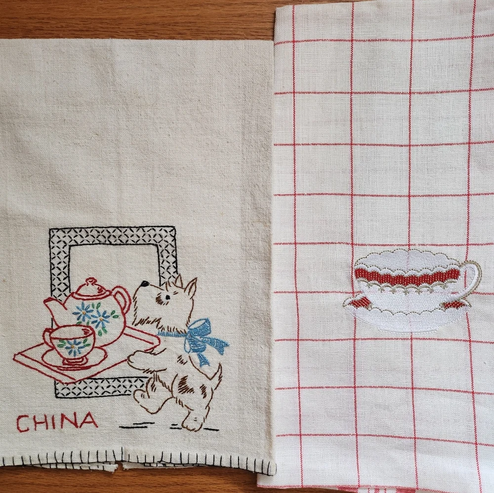 Two Kitchen Towels- Embroidered Linen Towel and Cotton Towel